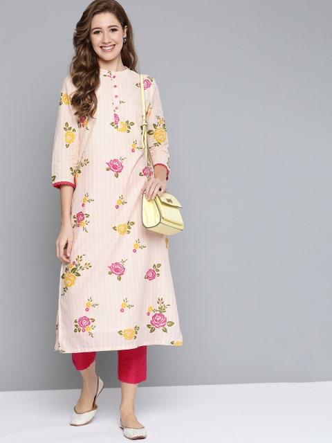 

HERE&NOW Women Pink & Yellow Pure Cotton Floral Printed Straight Kurta