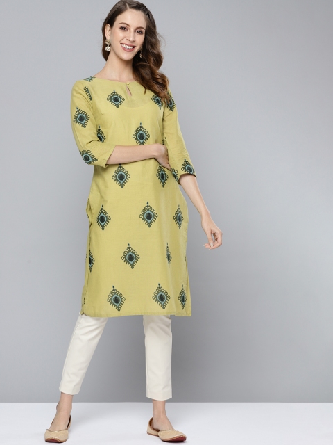 

HERE&NOW Women Green & Grey Ethnic Motifs Printed Pure Cotton Kurta