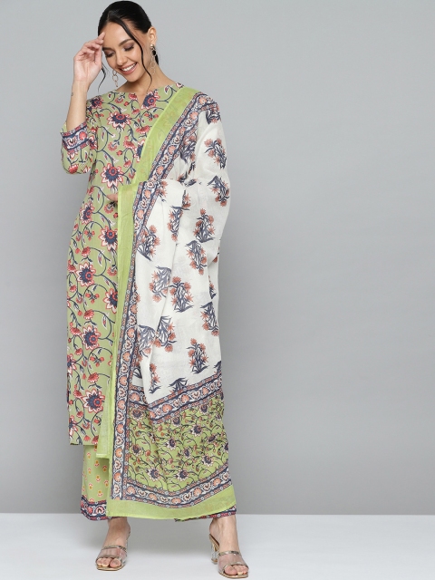

HERE&NOW Women Green & Blue Pure Cotton Floral Print Kurta with Trousers & Dupatta
