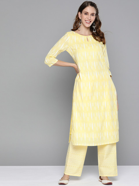 

HERE&NOW Women Yellow & White Ethnic Motifs Printed Pure Cotton Kurta with Palazzos
