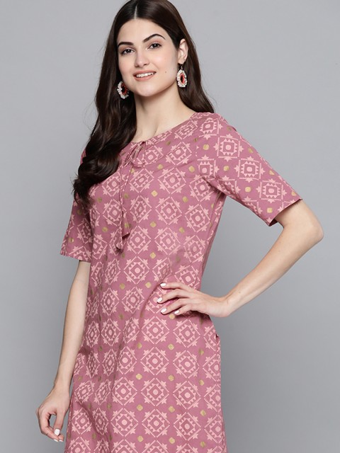 

HERE&NOW Women Mauve & Pink Pure Cotton Ethnic Motifs Printed Straight Kurta