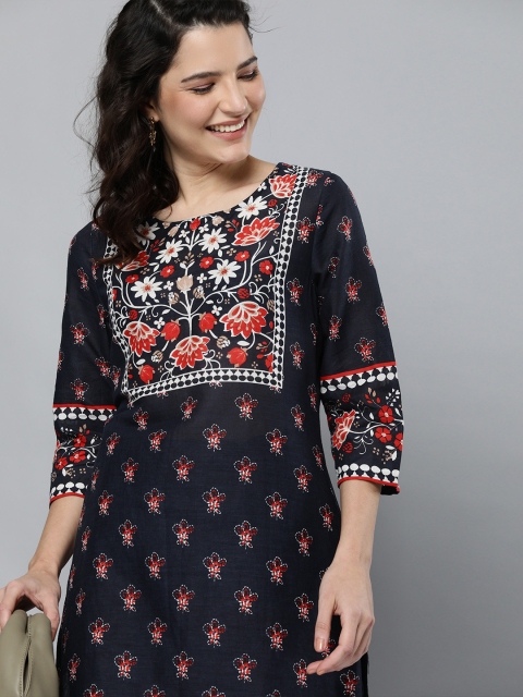 

HERE&NOW Women Navy Blue Floral Printed Regular Kurta with Trousers