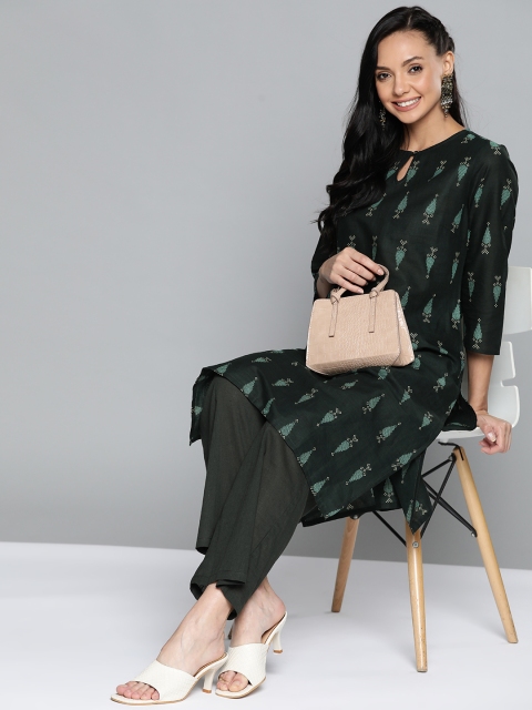 

HERE&NOW Women Green Ethnic Motifs Printed Regular Kurta with Trousers