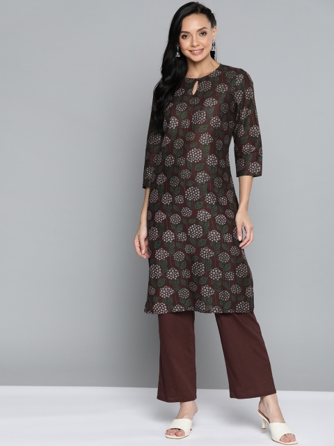 

HERE&NOW Women Brown & Green Ethnic Motifs Print Regular Kurta with Trousers