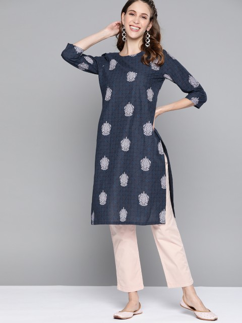 

HERE&NOW Women Navy Blue & Pink Ethnic Motifs Printed Pure Cotton Straight Kurta