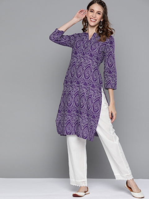 

HERE&NOW Women Purple & White Bandhani Printed Pure Cotton Straight Kurta