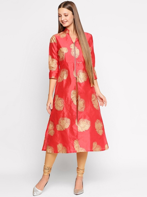 

Ira Soleil Women Coral & Gold-Coloured Ethnic Motifs Printed A-line Kurta
