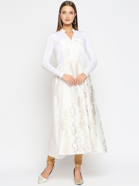 

Ira Soleil Women Off White & Gold-Coloured Floral Printed Anarkali Kurta