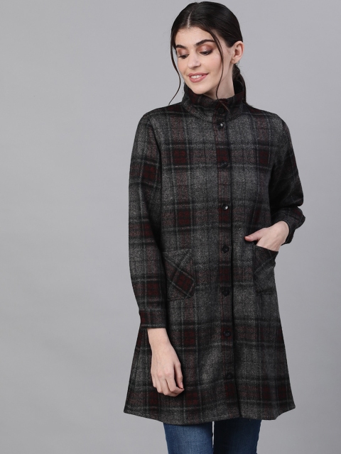

Ishin Women Grey Black Checked Lightweight Longline Tailored Jacket