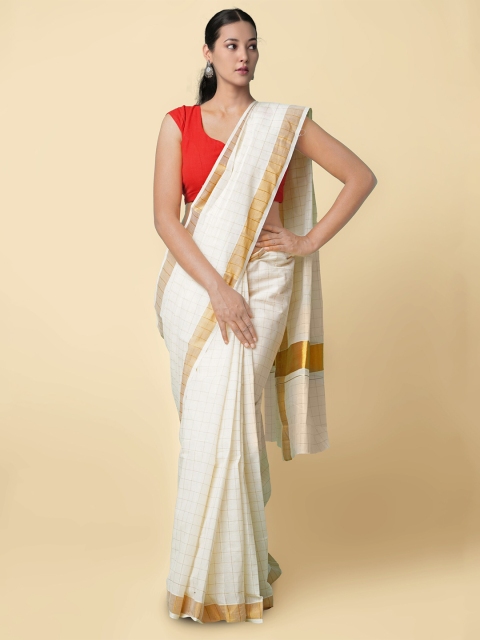 

Unnati Silks Cream-Coloured & Gold-Toned Checked Zari Pure Cotton Kasavu Saree