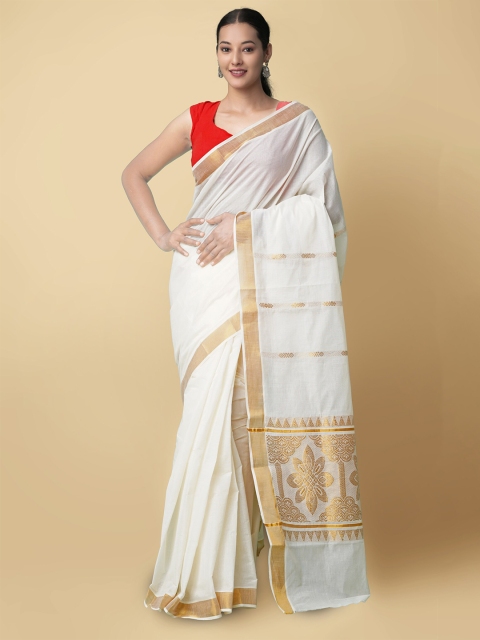 

Unnati Silks Women Cream-Coloured & Gold-Toned Pure Kerala Kasavu Cotton Sustainable Saree