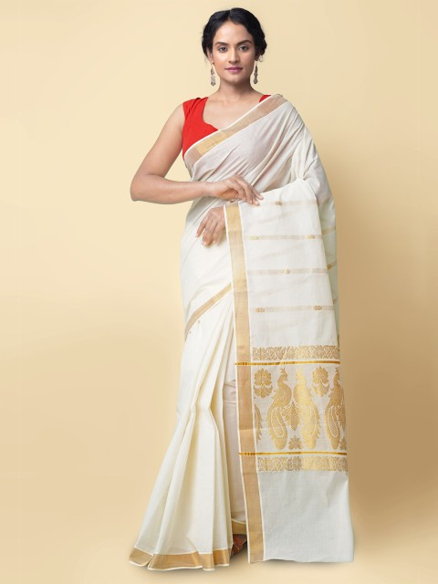 

Unnati Silks Cream-Coloured & Gold-Toned Woven Design Zari Pure Cotton Kasavu Saree