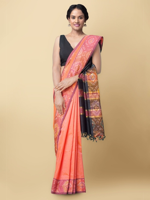 

Unnati Silks Pink & Black Woven Design Zari Silk Cotton Uppada Saree