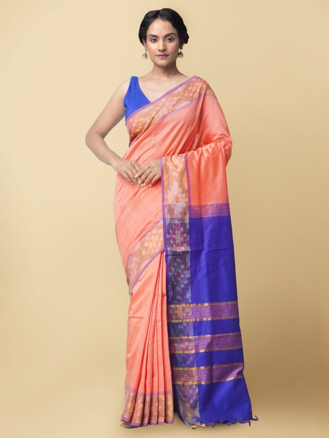 

Unnati Silks Peach-Coloured & Blue Woven Design Zari Silk Cotton Uppada Saree
