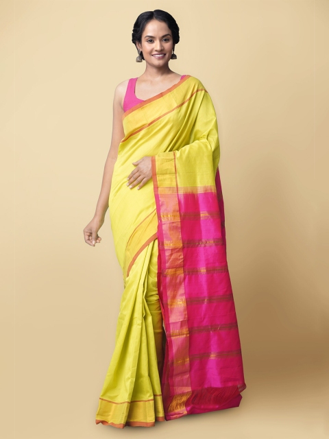 

Unnati Silks Green & Pink Woven Design Zari Silk Cotton Uppada Saree