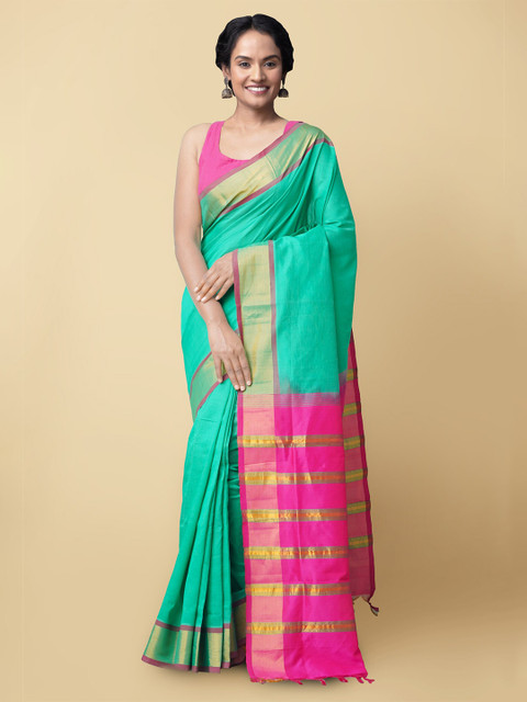 

Unnati Silks Green & Pink Woven Design Zari Silk Cotton Uppada Saree