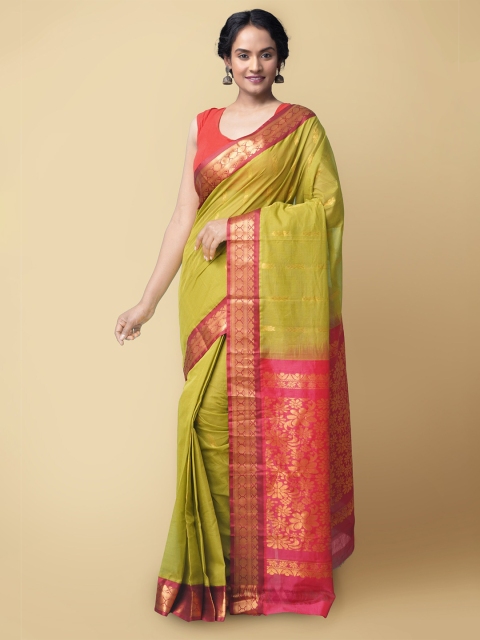 

Unnati Silks Green & Pink Woven Design Zari Pure Cotton Gadwal Saree