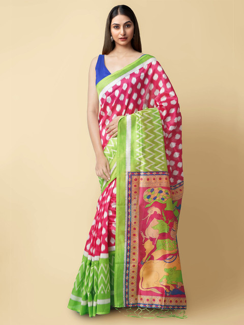 

Unnati Silks Pink & White Ethnic Motifs Printed Art Silk Patola Saree