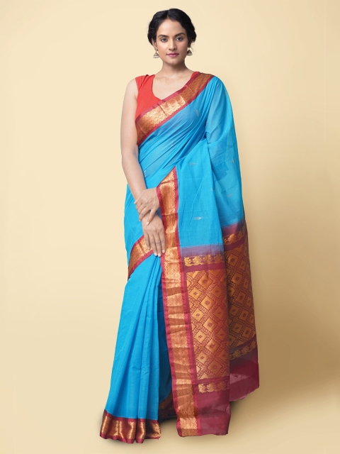 

Unnati Silks Blue & Maroon Woven Design Zari Pure Cotton Gadwal Saree
