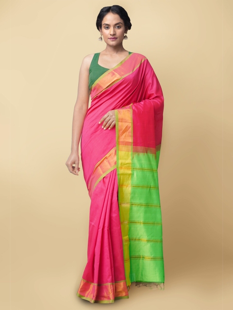 

Unnati Silks Pink & Green Woven Design Zari Silk Cotton Uppada Saree