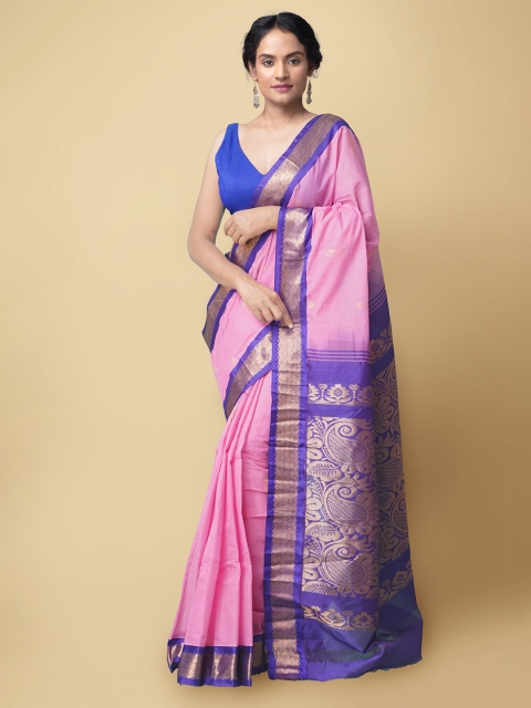 

Unnati Silks Pink & Blue Woven Design Zari Pure Cotton Gadwal Saree