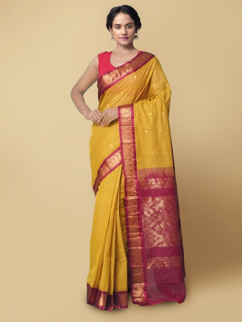

Unnati Silks Yellow & Maroon Woven Design Zari Pure Cotton Gadwal Saree