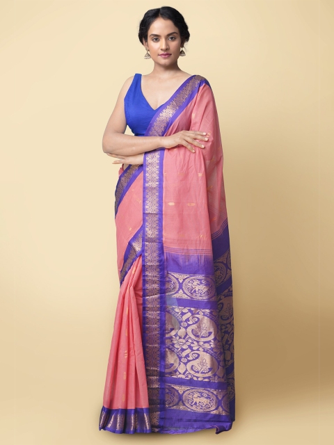 

Unnati Silks Pink & Blue Woven Design Zari Pure Cotton Gadwal Saree