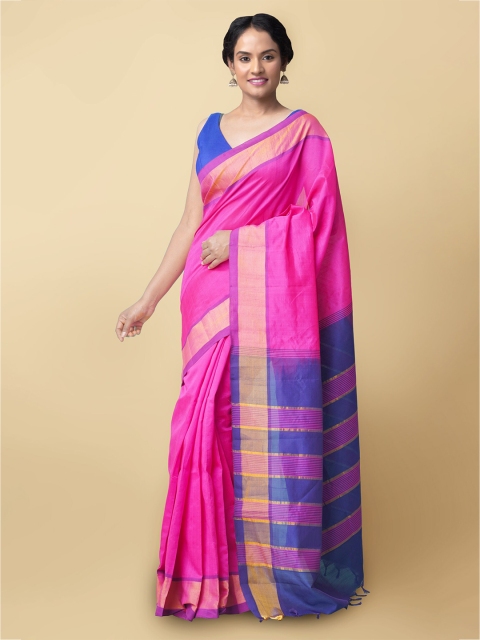 

Unnati Silks Pink & Blue Woven Design Silk Cotton Uppada Saree