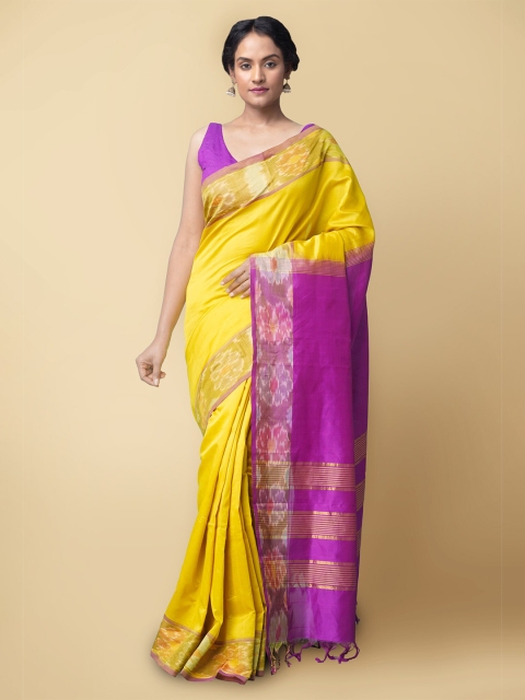 

Unnati Silks Yellow & Purple Zari Silk Cotton Uppada Saree