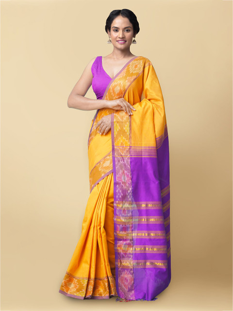 

Unnati Silks Yellow & Purple Zari Silk Cotton Uppada Saree