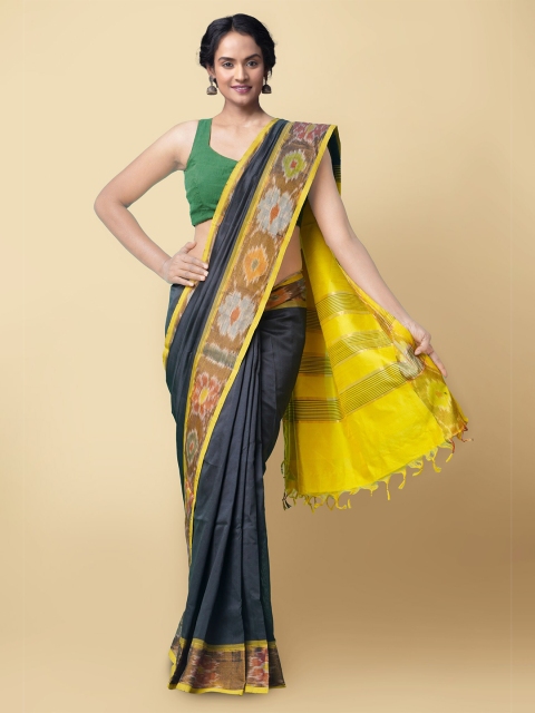 

Unnati Silks Women Black & Yellow Pure Handloom Ikat Uppada Silk Cotton Sustainable Saree