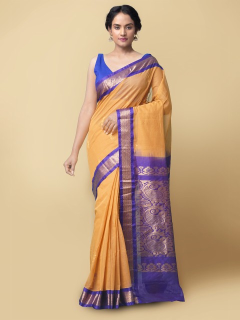 

Unnati Silks Brown & Blue Woven Design Zari Pure Cotton Gadwal Saree