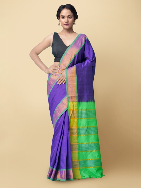 

Unnati Silks Blue & Green Zari Silk Cotton Uppada Saree