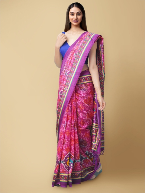 

Unnati Silks Pink & Purple Bandhani Art Silk Patola Saree