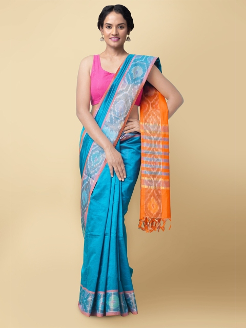 

Unnati Silks Blue & Orange Zari Silk Cotton Uppada Saree