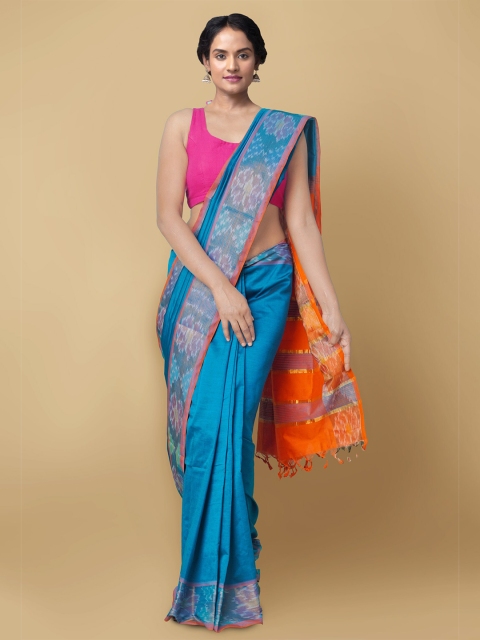 

Unnati Silks Blue & Orange Woven Design Zari Silk Cotton Uppada Saree