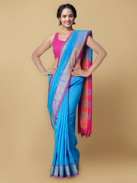 

Unnati Silks Blue & Pink Zari Silk Cotton Uppada Saree
