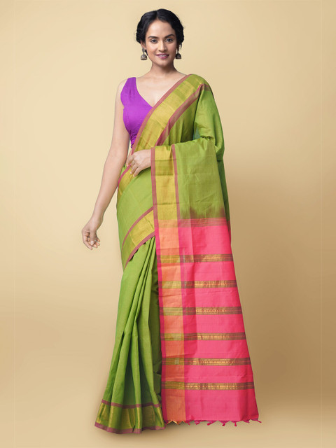 

Unnati Silks Green & Pink Woven Design Zari Silk Cotton Uppada Saree