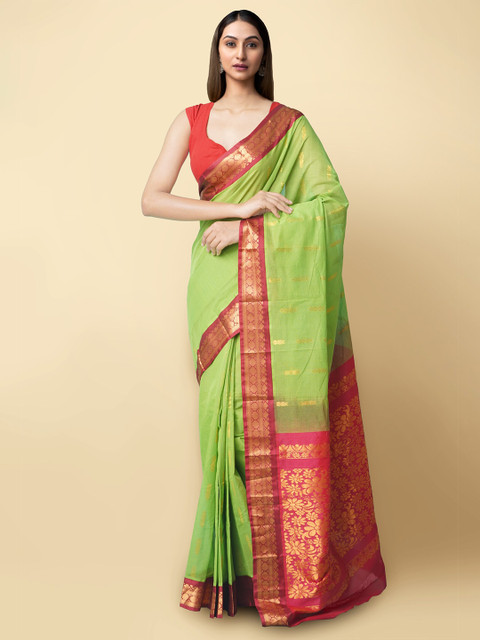 

Unnati Silks Green & Maroon Woven Design Zari Pure Cotton Gadwal Saree