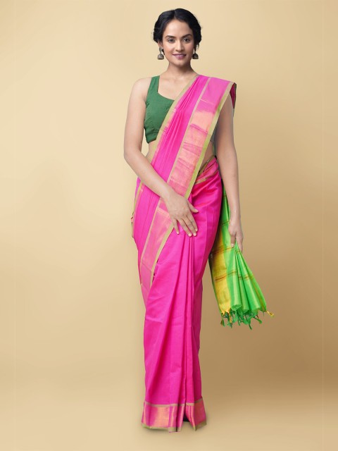 

Unnati Silks Pink & Green Zari Silk Cotton Uppada Saree