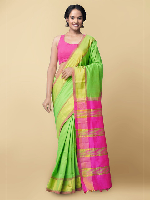 

Unnati Silks Green & Pink Zari Silk Cotton Uppada Saree