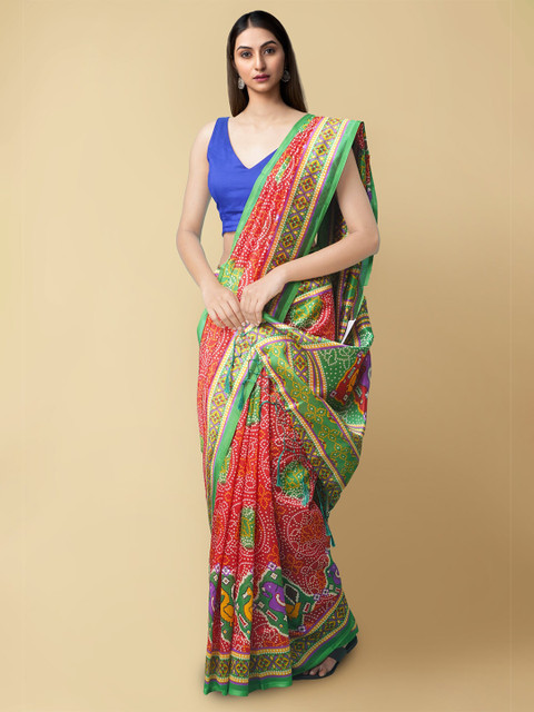

Unnati Silks Women Red & Green Fancy Printed Art Silk Saree