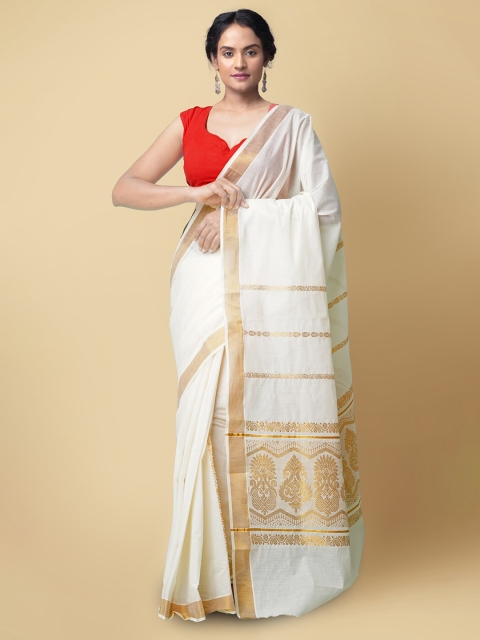 

Unnati Silks Cream-Coloured & Gold-Toned Woven Design Zari Pure Cotton Kasavu Saree