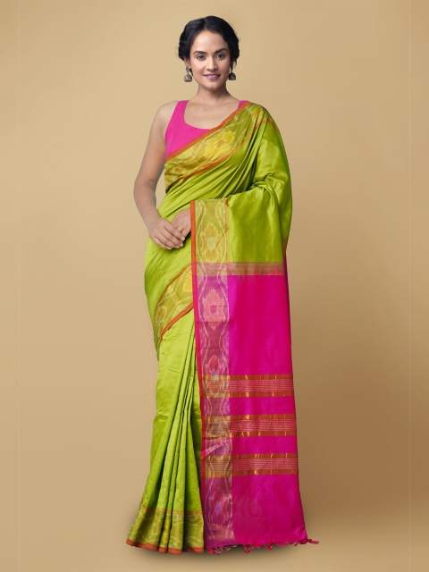 

Unnati Silks Green & Pink Zari Silk Cotton Uppada Saree