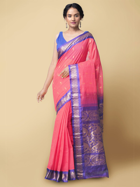 

Unnati Silks Red & Blue Woven Design Zari Pure Cotton Gadwal Saree