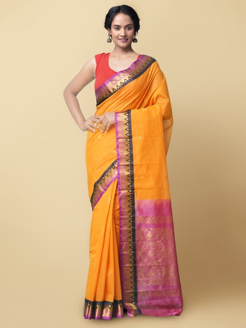 

Unnati Silks Orange & Pink Woven Design Zari Pure Cotton Gadwal Saree
