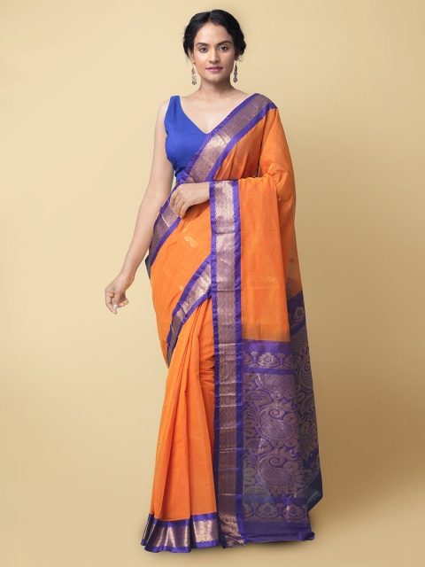 

Unnati Silks Orange & Blue Woven Design Zari Pure Cotton Gadwal Saree
