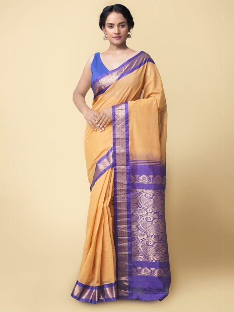 

Unnati Silks Brown & Blue Woven Design Zari Pure Cotton Gadwal Saree