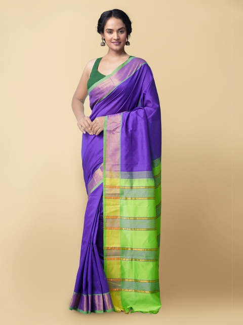 

Unnati Silks Blue & Green Woven Design Zari Silk Cotton Uppada Saree