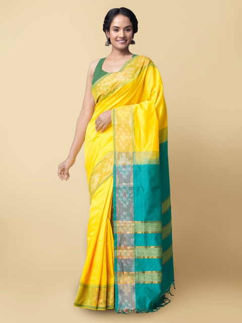

Unnati Silks Yellow & Sea Green Zari Silk Cotton Uppada Saree